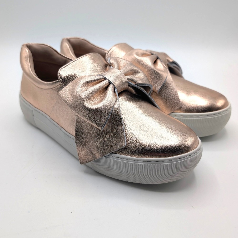 J.Slides 6.5 Rose Gold Metallic Leather Oversized Bow Slip On Platform Sneakers